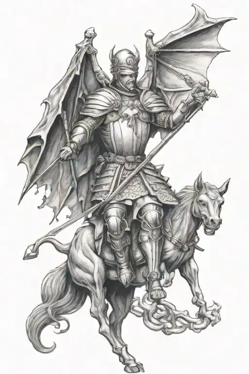 Saint George the Victorious and above him an evil bat with a chain tattoo design idea