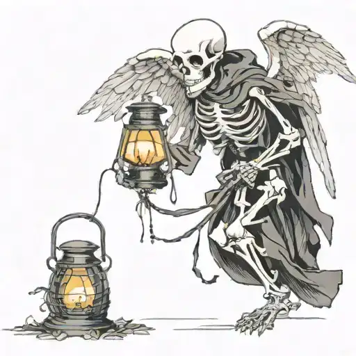 A skeleton in a black robe with a lantern in his hand, with wings on his back. tattoo design idea