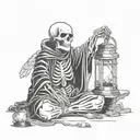 black and white tattoo. A skeleton in a black robe with a lantern in his hand, with wings on his back. tattoo design idea
