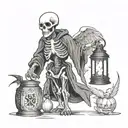black and white tattoo. A skeleton in a black robe with a lantern in his hand, with wings on his back. tattoo design idea