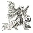 black and white tattoo. A skeleton in a black robe with a lantern in his hand, with wings on his back. tattoo design idea