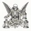 black and white tattoo. A skeleton in a black robe with a lantern in his hand, with wings on his back. tattoo design idea