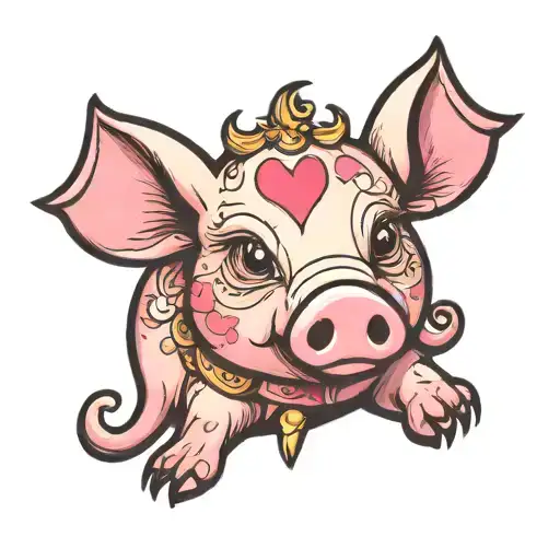 cute round pink pig eating a playing card tattoo design idea