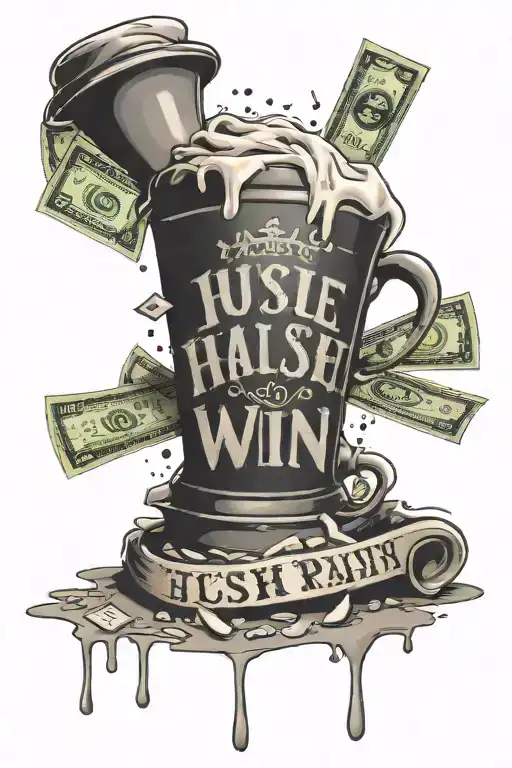 "Hustle and Win" in old english font, with beside a cash floating, near the text a "23" and a oblong plain cup spilling  tattoo design idea