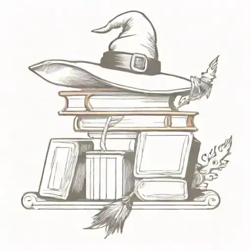 A broom is leaning against a stack of books and a witch's hat is hanging on the brom two small dragons are flying around tattoo design idea