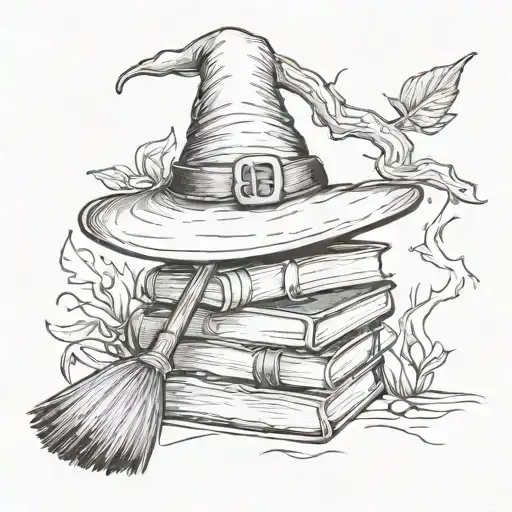 A black and white tattoo where a broom is leaning against a stack of books and a witch's hat is hanging on the broom tattoo design idea