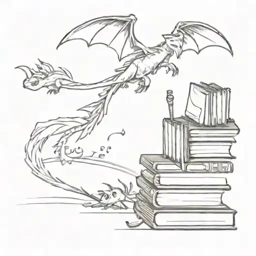 A broom is leaning against a stack of books and two small dragons are flying around tattoo design idea
