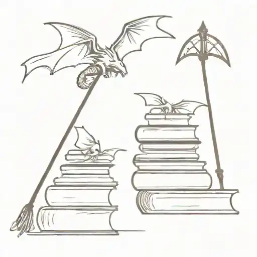 A broom a stack of books and two dragons flying tattoo design idea
