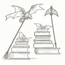 A broom a stack of books and two dragons flying tattoo design idea