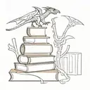 A broom a stack of books and two dragons flying tattoo design idea