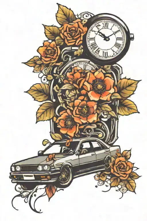JDM car with flowers and a clock face tattoo design idea
