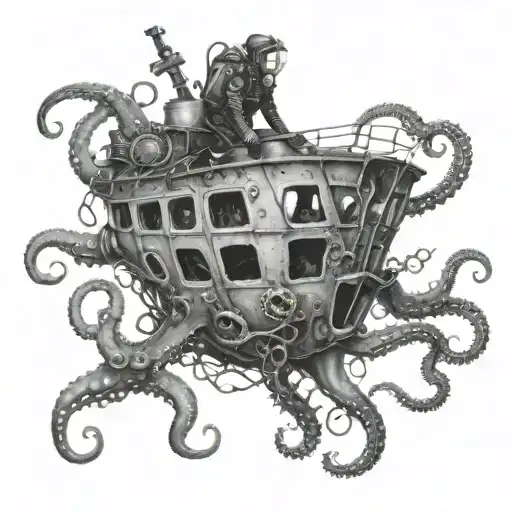 A scuba diver exploring a shipwreck surrounded by octopus tentacles and a manta stingray tattoo design idea