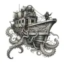 A scuba diver exploring a shipwreck surrounded by octopus tentacles and a manta stingray tattoo design idea
