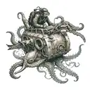 A scuba diver exploring a shipwreck surrounded by octopus tentacles and a manta stingray tattoo design idea