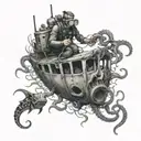 A scuba diver exploring a shipwreck surrounded by octopus tentacles and a manta stingray tattoo design idea