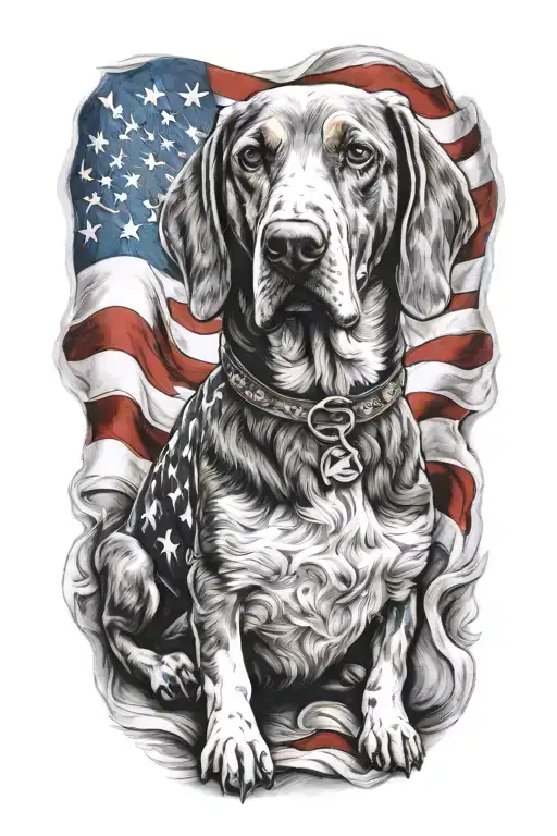 An angelic hound dog surrounded by patriotic USA elements tattoo design idea