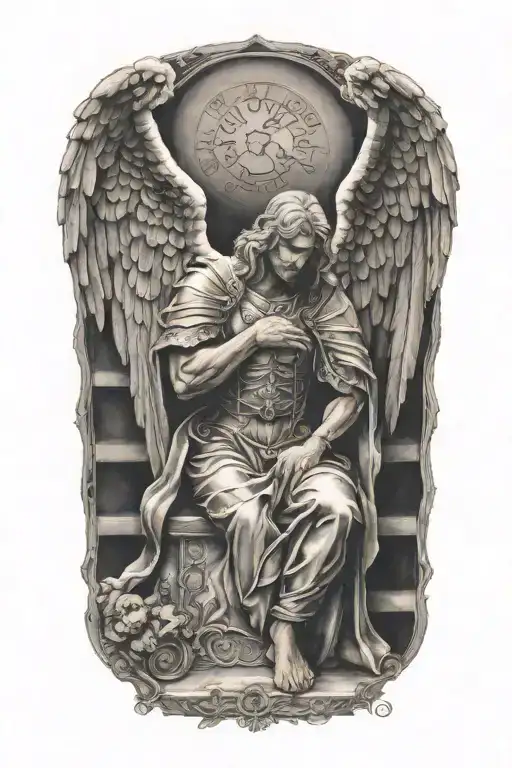 arch angel Michael kneeling tattoo design idea