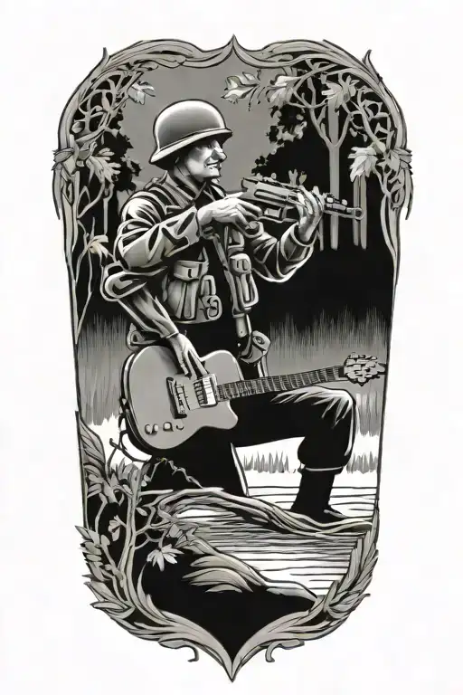 A black-grey tattoo of a soldier playing a guitar in the woods, with a river flowing in the background tattoo design idea