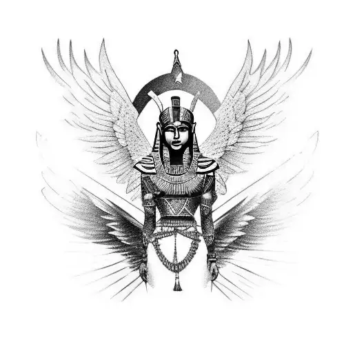 egyptian warrior with tiger face and eagle eyes, eagle wings and eagle claw on the legs tattoo design idea