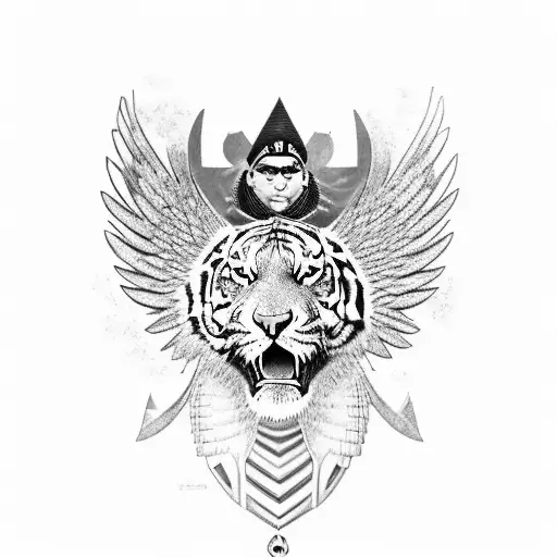Tiger egyptian humanised warrior with eagle eyes, eagle wings and eagle claw on the legs tattoo design idea