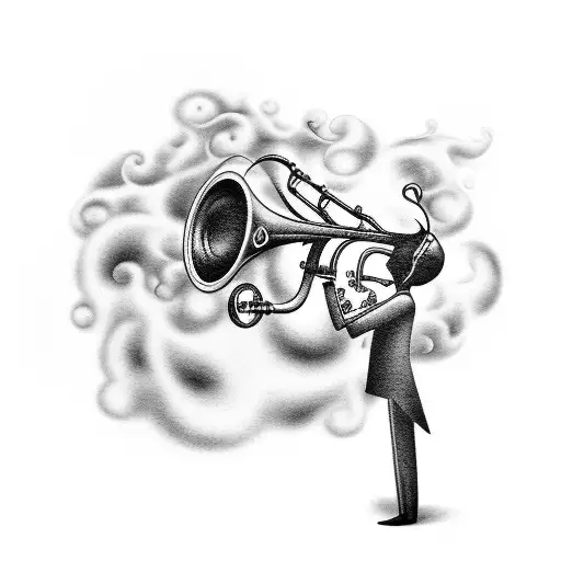 A trumpet player surrounded by swirling clouds tattoo design idea