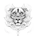 cross with half lion face surrounded by roses tattoo design idea