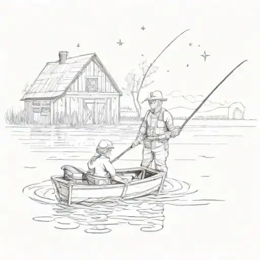 Grandpa and Grandchild fishing on small boat in pond with farm barn and corn feilds in background. Stars in distance.  tattoo design idea