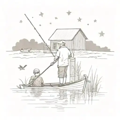Grandpa and Grandchild fishing on small boat in pond with farm barn and corn feilds in background. Stars in distance.  tattoo design idea