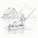Grandpa and Grandchild fishing on small boat in pond with farm barn and corn feilds in background. Stars in distance.  tattoo design idea