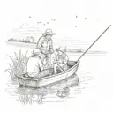 Grandpa and Grandchild fishing on small boat in pond with farm barn and corn feilds in background. Stars in distance.  tattoo design idea