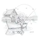 Grandpa and Grandchild fishing on small boat in pond with farm barn and corn feilds in background. Stars in distance.  tattoo design idea
