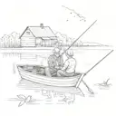 Grandpa and Grandchild fishing on small boat in pond with farm barn and corn feilds in background. Stars in distance.  tattoo design idea