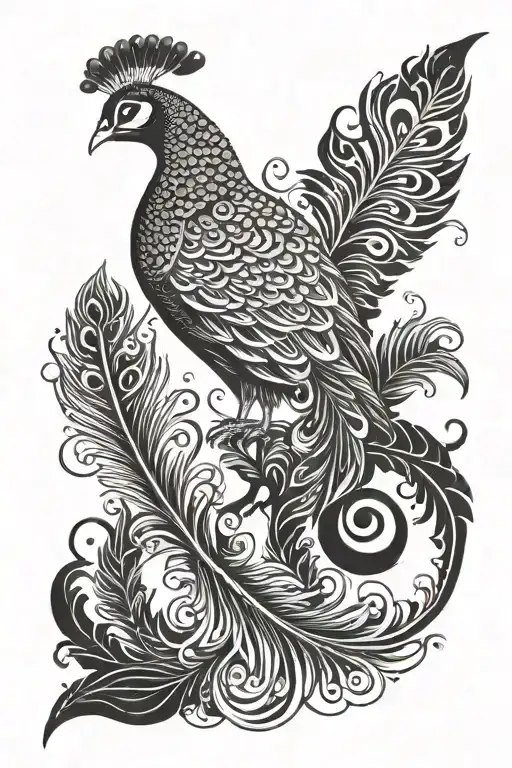 peacock feather and in between krishna playing flute  tattoo design idea