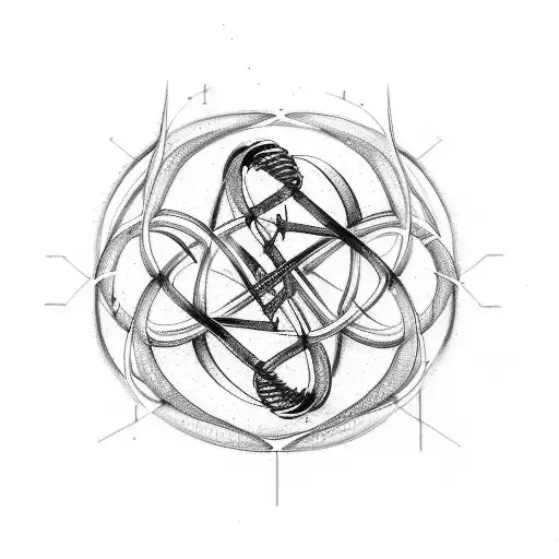 A scientific diagram of a DNA double helix, entwined with musical notes and symbols tattoo design idea