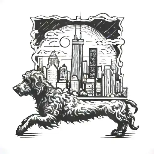 A blackwork tattoo of the Chicago skyline at night, with a goldendoodle playfully running through the scene tattoo design idea