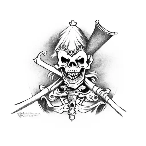 skeleton jester dressed in old jester clothes with a guitar on his back and a long jester staff tattoo design idea