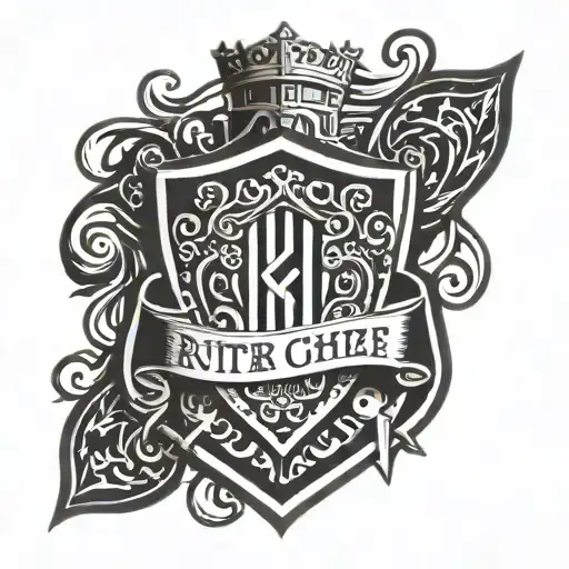 A shield with the Text "Ritter der Schanze" in medieval. The Shield schould look like a medieval lock. Around the shield tattoo design idea