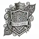 A shield with the Text "Ritter der Schanze" in medieval. The Shield schould look like a medieval lock. Around the shield tattoo design idea