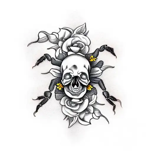 skulls and scorpion with flowers tattoo design idea