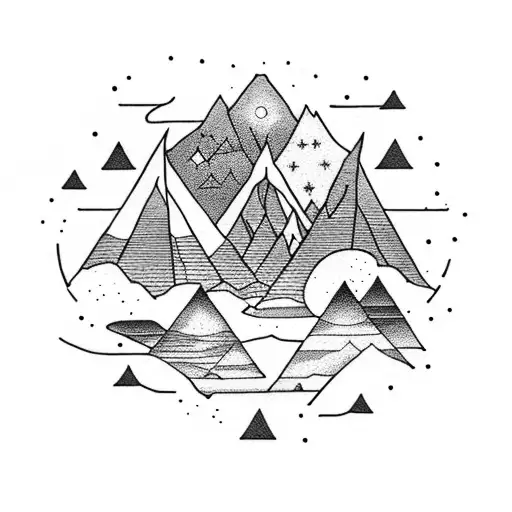 A dotwork tattoo illustrating a serene campsite nestled in the mountains, with a starry sky overhead and a campfire crackling nearby tattoo design idea