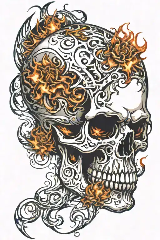 tribal style skull with is split incorporate fire on one side and water on the other.  Good on one side and evil on the  tattoo design idea