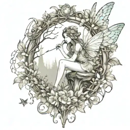 enchanted forrest themed half leg sleeve featuring a fairy at the bottom tattoo design idea
