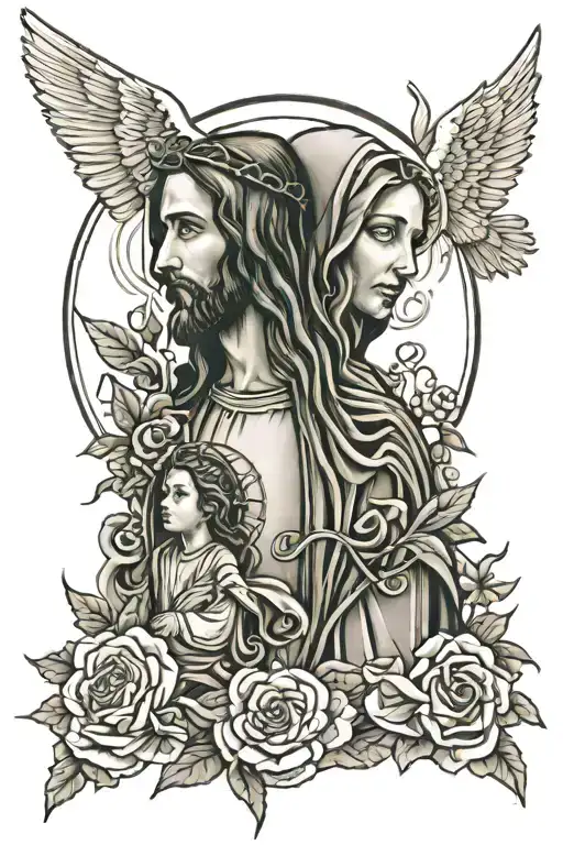 jesus, mother mary,  archangel micheal in this order tattoo design idea