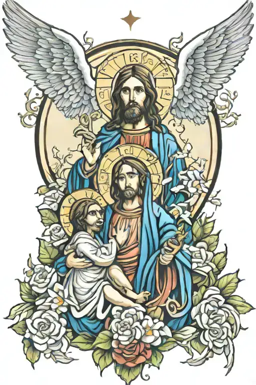 jesus, mother mary,  archangel micheal in this order tattoo design idea