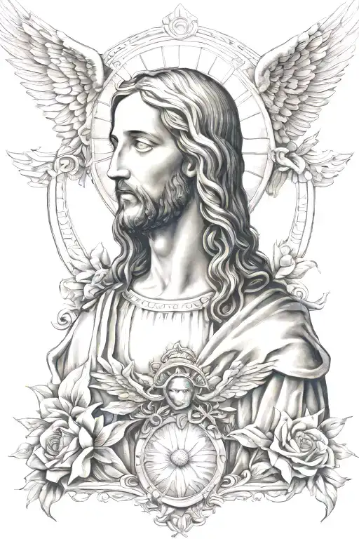 jesus, mother mary,  archangel micheal in this order tattoo design idea