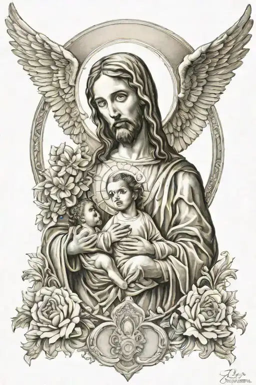 jesus, mother mary,  archangel micheal in this order tattoo design idea