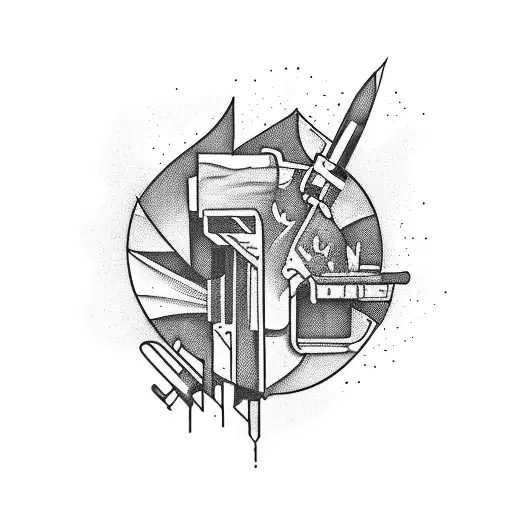 Graffiti-style freelancer tattoo showcasing various tools of the trade with a blackwork aesthetic tattoo design idea