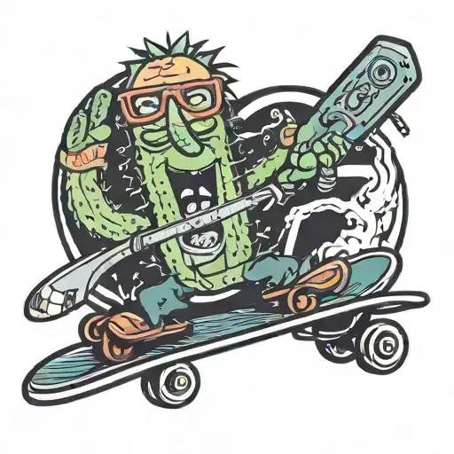 a cactus on a skate with a knife in a clipper and glasses tattoo design idea
