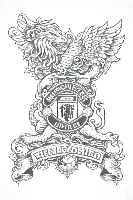 A football-themed tattoo design featuring the Manchester United logo intertwined with traditional Singaporean elements like the Merlion statue, in a neotraditional style tattoo design idea