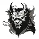 A blackwork tattoo design featuring a fierce oni mask with a cat and dog intertwined in the background tattoo design idea